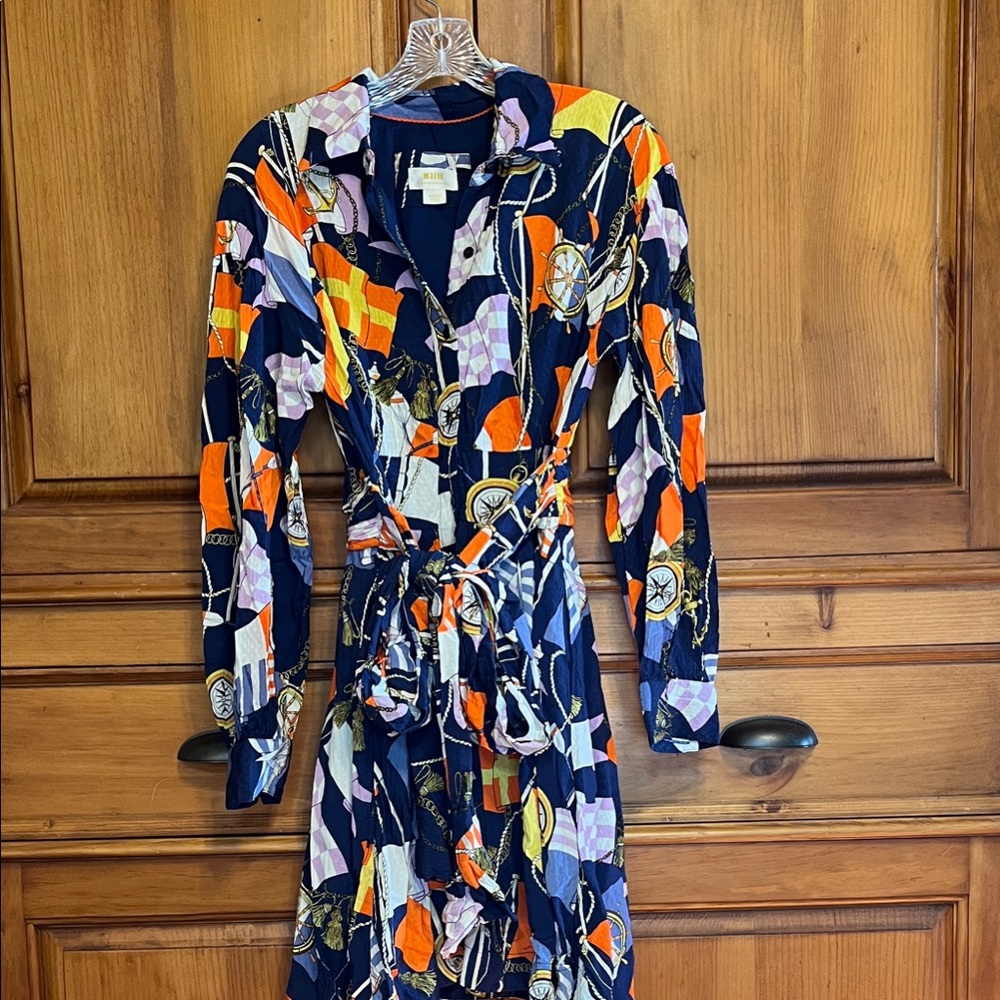 Maeve Navy Multicolor nautical theme Long-Sleeve Shirt Dress with Tie Waist